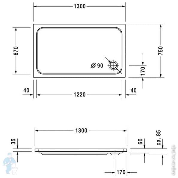 Ширина 75 см. Поддон акриловый Duravit d-code 1300х750 с антискользящим покрытием 720098000000001. Душевой поддон 1300х800. Ванна Duravit чертеж.